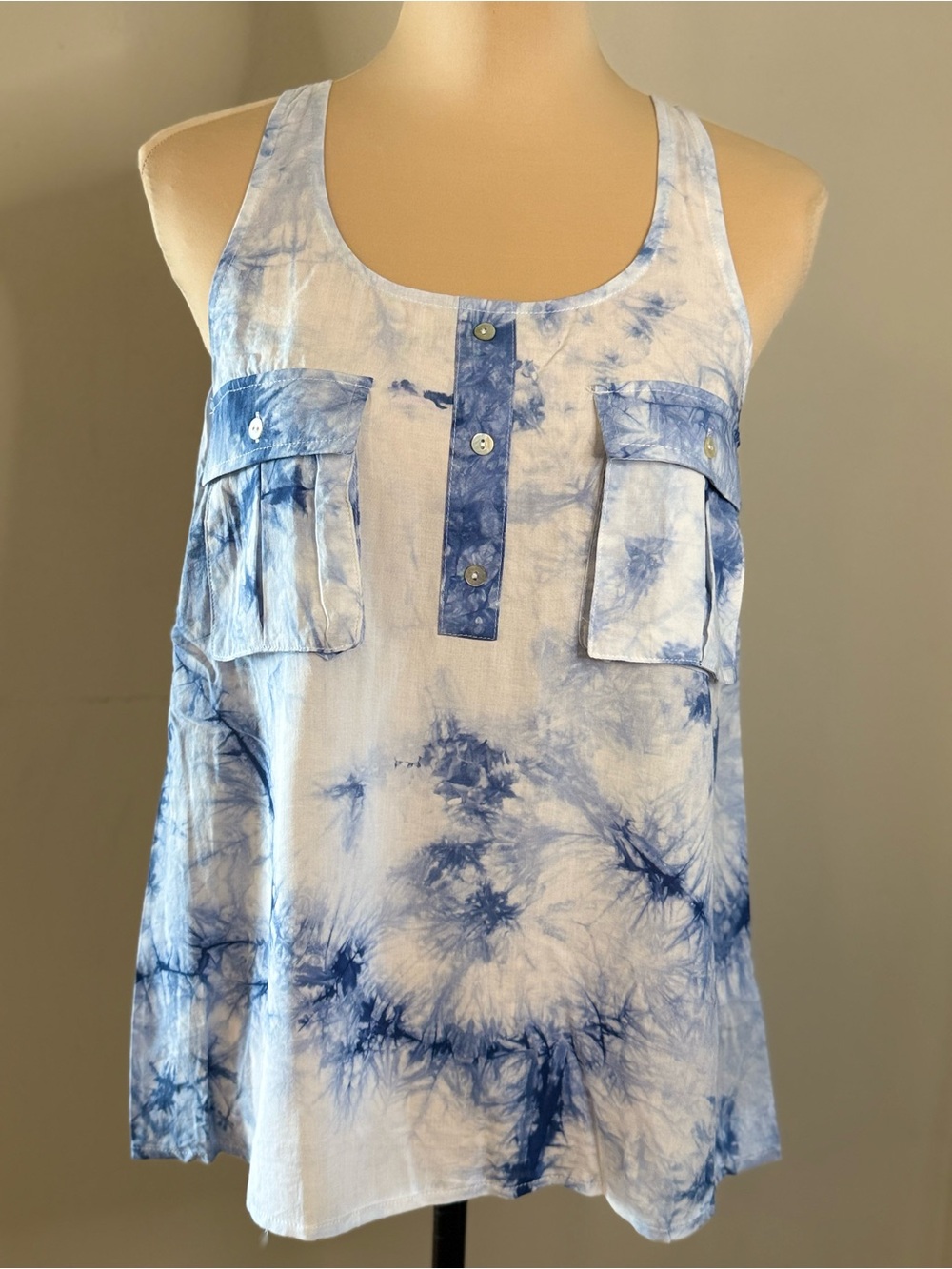 Entro blue white tie dye tank top front pockets racer back SZ SM